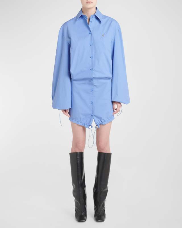 Drawcord Long-Sleeve Mini Shirtdress